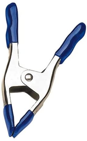 2-inch metal spring clamp with padded non-slip jaws and blue rubber grips for secure, damage-free clamping