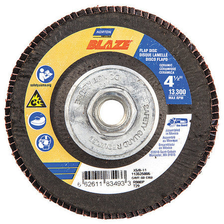 4½ inch Type 29 Blaze flap disc with ceramic alumina grain, 5/8-11 arbor, max 13,300 RPM for grinding metals