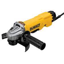 6-inch yellow and black DEWALT paddle grinder with side handle, metal gear cover, and corded power design