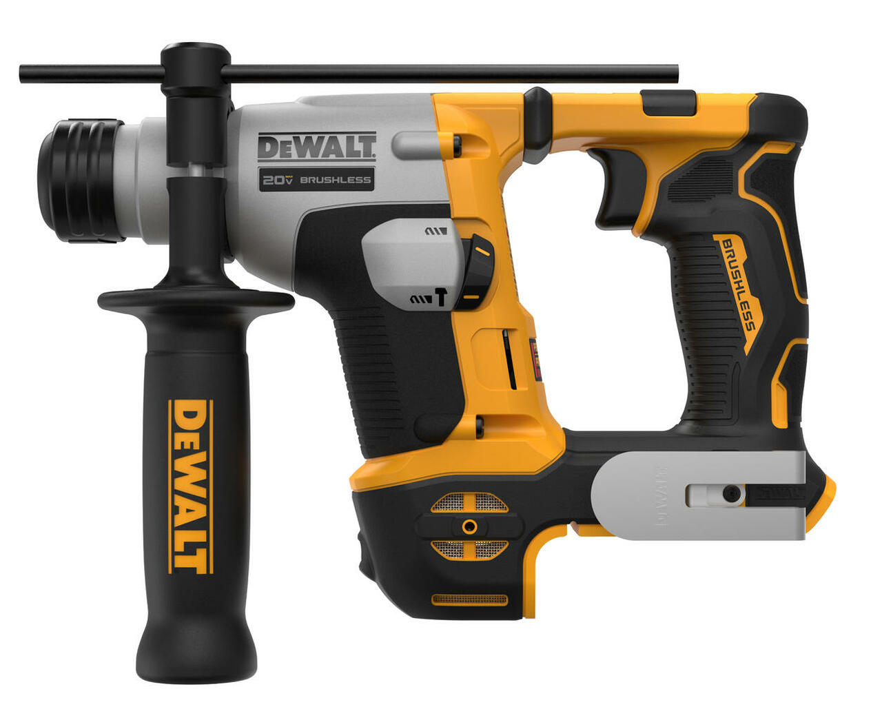 Cordless 20V brushless SDS Plus rotary hammer drill with side handle, high-performance motor, and ergonomic grip