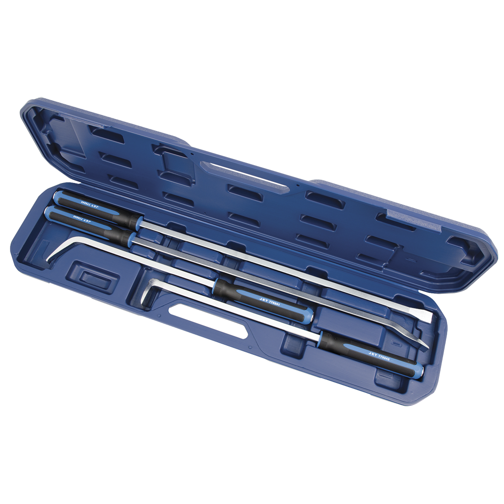 Heavy-duty pry bar kit with chrome-molybdenum steel bars and large bi-material handles in blue plastic case