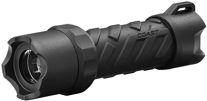 Compact black waterproof flashlight with textured grip, wrist loop, and adjustable focus lens for versatile use
