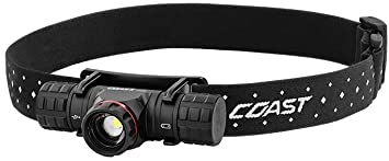Black adjustable headlamp with 1000 lumens output, twist focus, rechargeable battery, and 165m beam range
