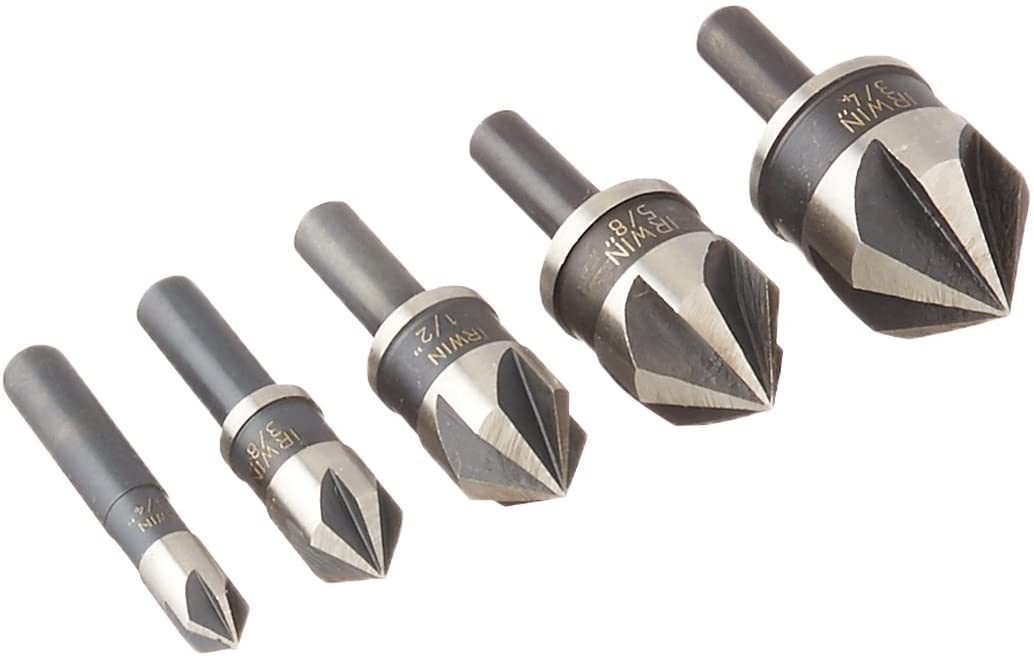 Set of five 82-degree industrial countersink bits with black oxide finish and five-flute design for reduced vibration and durability