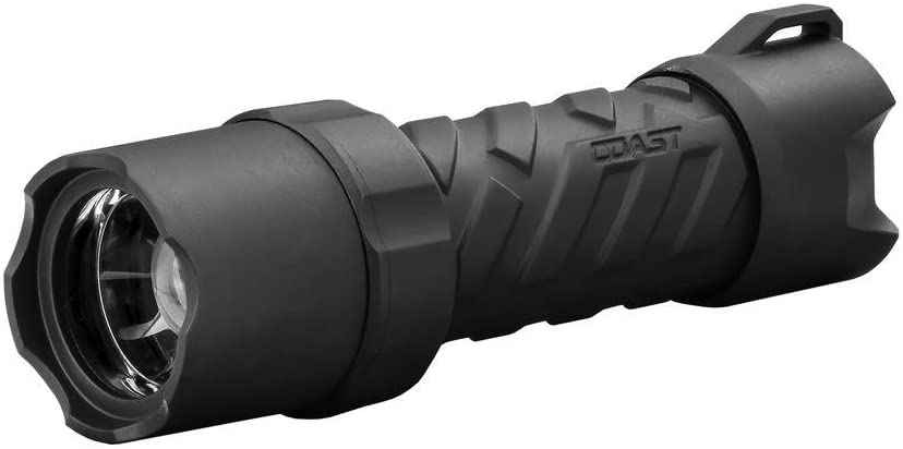 Black pivoting flashlight with textured grip, 440 lumens output, and included AAA batteries for extended lighting range