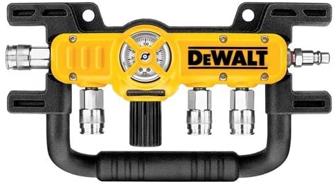 DeWalt 4-port air line divider with high-flow regulator, liquid-filled pressure gauge, and universal adapters