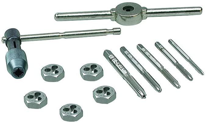 12-piece Irwin SAE and metric tap and die set with T-handle and die stock for threading and rethreading screws and bolts