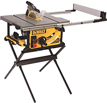 DeWalt 10-inch portable table saw with 15-amp motor, extendable work support stand, and foldable metal legs for job site use