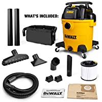 30-liter Dewalt wet/dry vacuum with 5.5 HP motor, accessories including hose, nozzles, filter, and dust bags for heavy-duty cleaning tasks