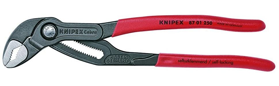 10-inch Knipex Cobra water pump pliers with self-locking mechanism and ergonomic red handles for secure gripping