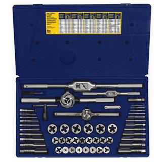53-piece tap and die set in blue case with metric taps, dies, and T-handles for thread cutting and repair tasks