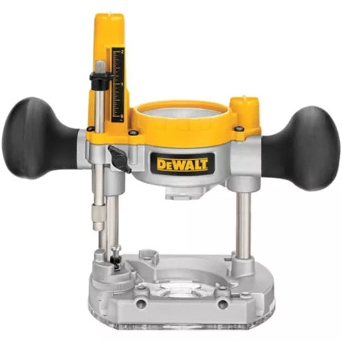 DeWalt DNP612 router base with rubber-coated handles, die-cast aluminum body, and precision adjustment features
