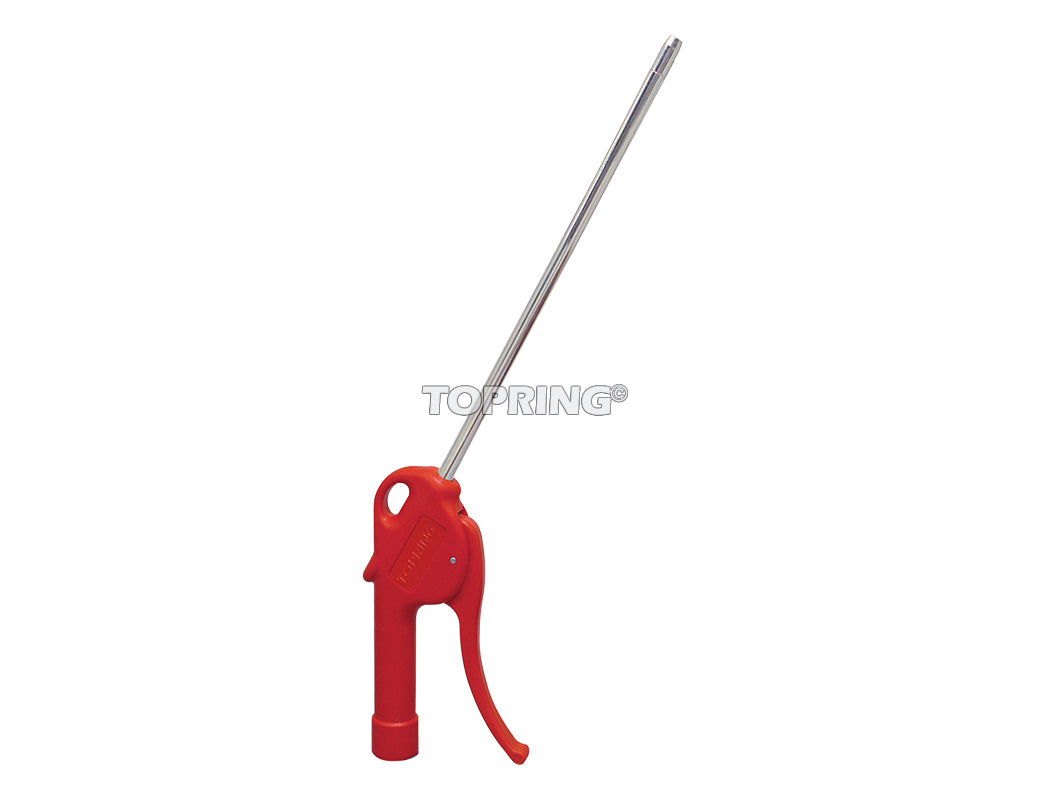 Red air blow gun with 20-inch steel tube, ergonomic handle, and trigger for industrial cleaning tasks