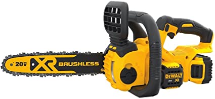 20V cordless 12-inch DEWALT brushless chainsaw with low kickback bar and chain, compact lightweight design weighing 4 kg