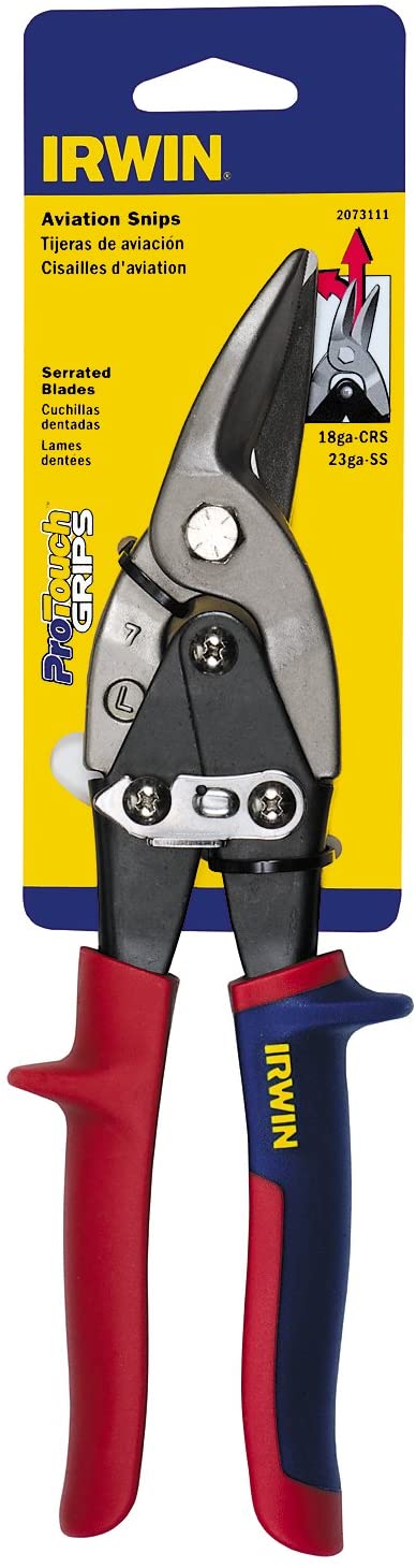 Aviation snips with serrated blades and ergonomic red and blue ProTouch grips for precise cutting of metal and plastic materials
