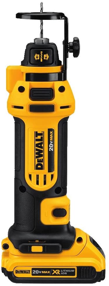 Cordless DeWALT 20V MAX drywall cutout tool with lithium-ion battery and tool-free bit change system