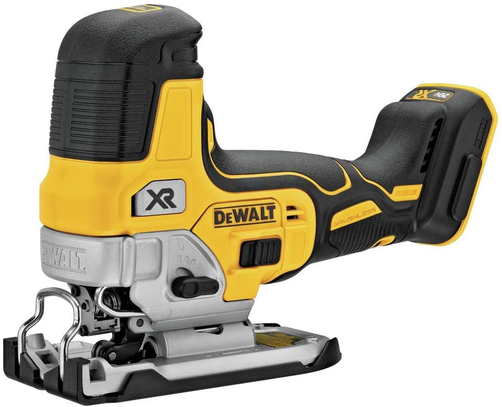Cordless 20V DeWalt jigsaw with brushless motor, ergonomic barrel grip, and bright LED work light for precision cutting