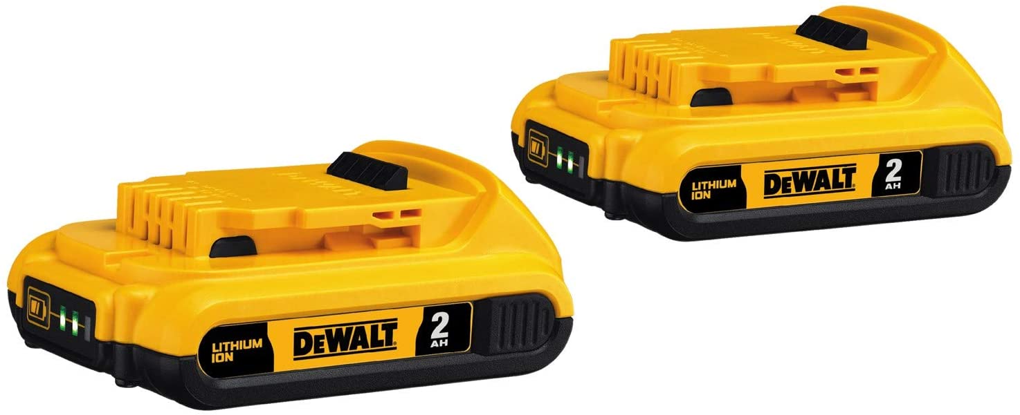 Pack of two DeWalt 20V Max 2Ah lithium-ion batteries with charge level indicators and compact design