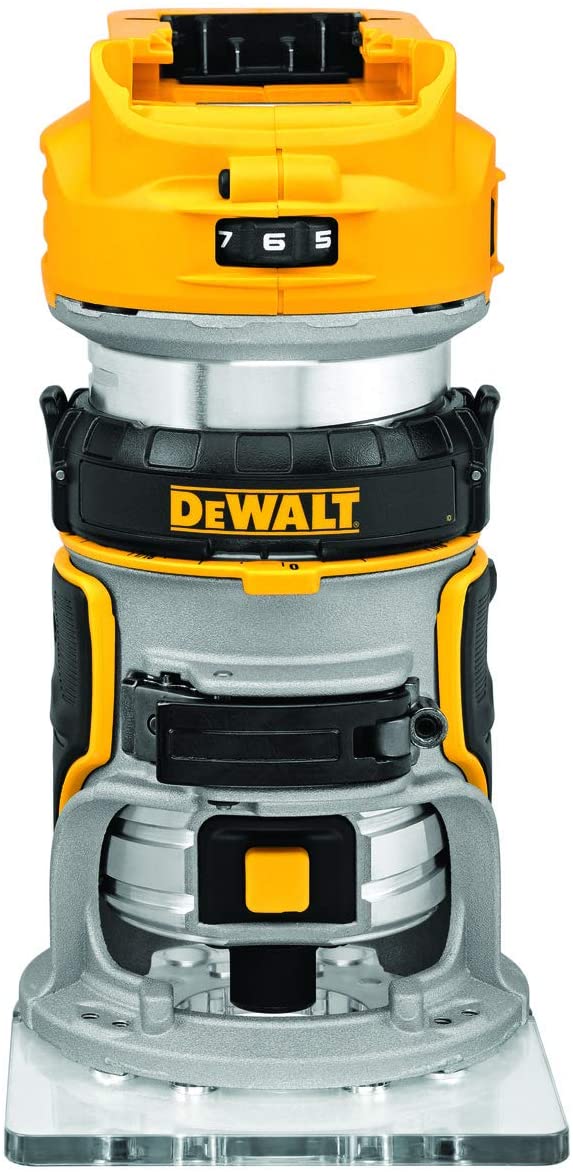 Cordless 20V compact DeWALT router with variable speed dial, ergonomic grip, and transparent base plate for precision routing