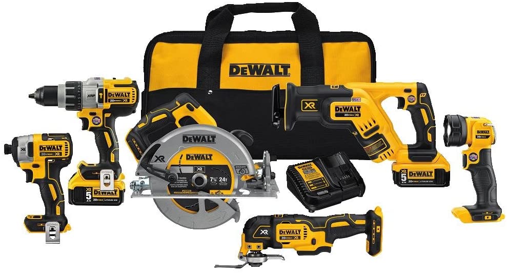 DeWALT 6-piece 20V XR cordless tool kit with drill, circular saw, reciprocating saw, flashlight, grinder, battery charger, and carrying bag