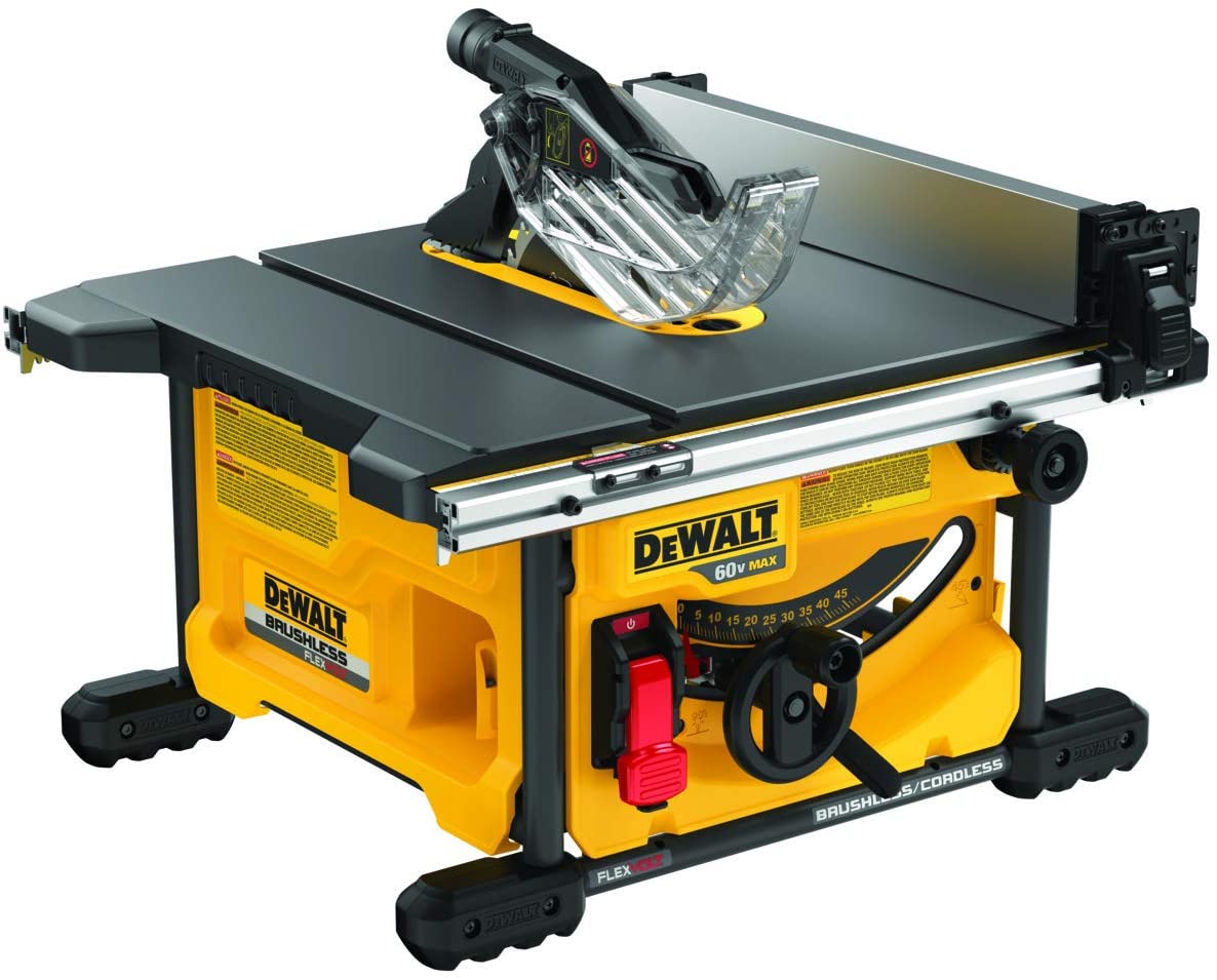 8 1/4 inch DeWalt 60V MAX cordless brushless table saw with precision cutting fence and robust yellow base