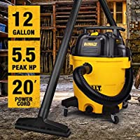 12-gallon heavy-duty wet/dry vacuum with 5.5 peak HP motor, 20-foot power cord, and flexible hose for industrial cleaning tasks
