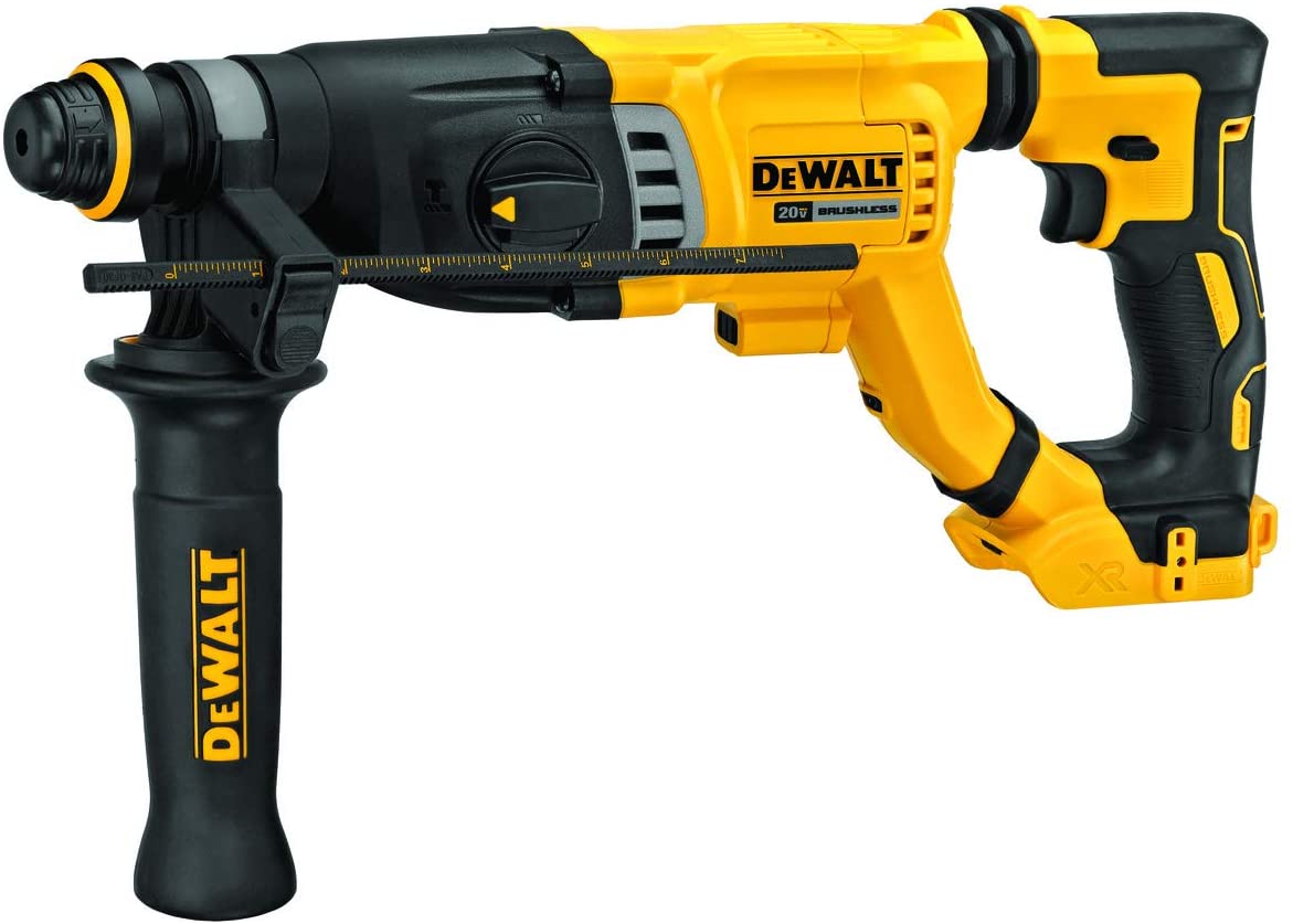 Yellow and black corded SDS+ rotary hammer drill with ergonomic handle and adjustable depth gauge for precise drilling tasks