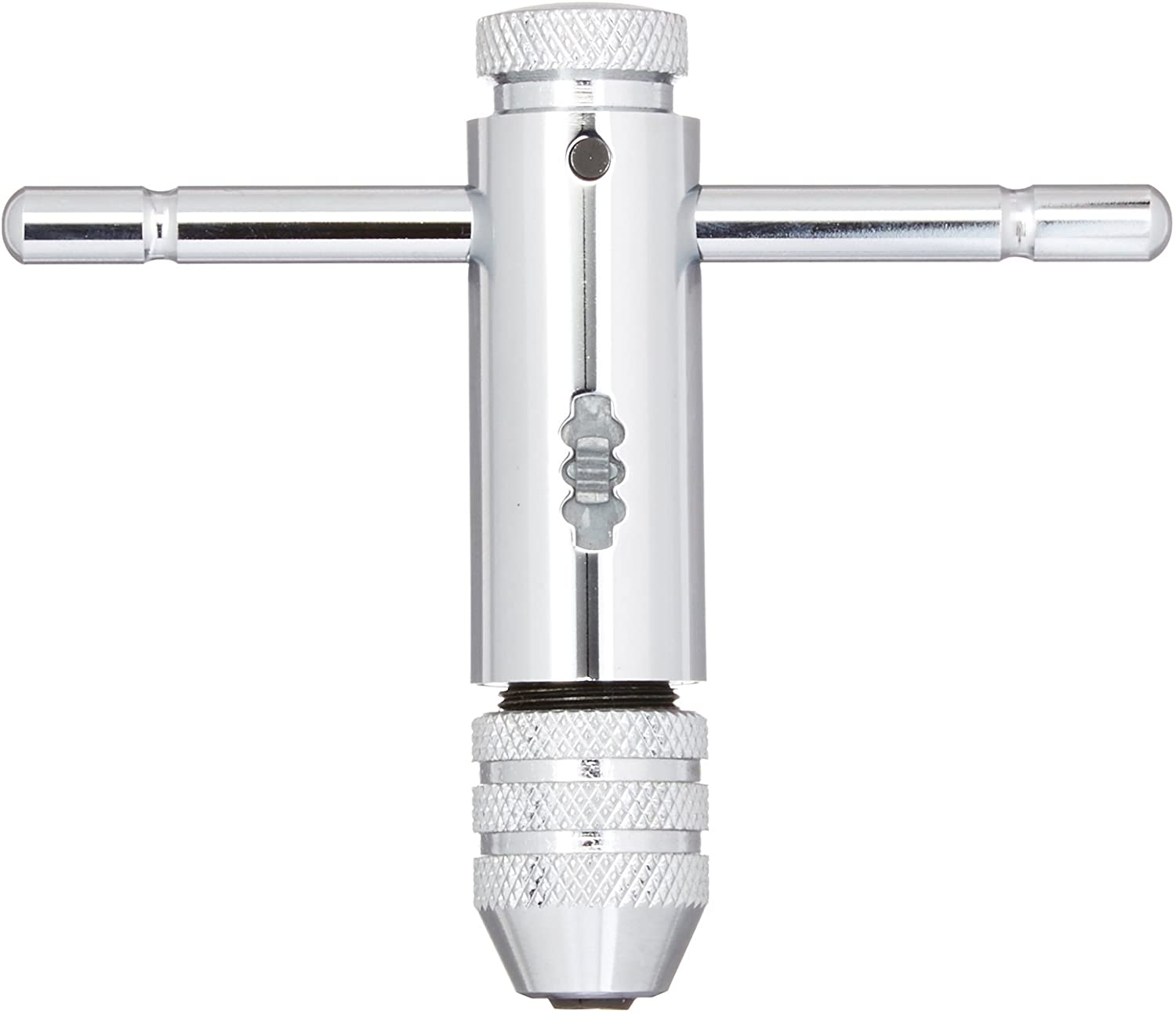 Three-position ratchet tap wrench with knurled grip and adjustable chuck for square shank tools from 0 to 1/4 inch