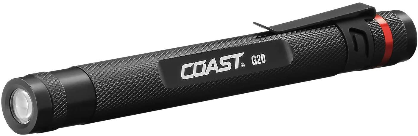 Compact black Coast G20 pen-style flashlight with textured grip, pocket clip, and red tail switch, includes 2 AAA batteries