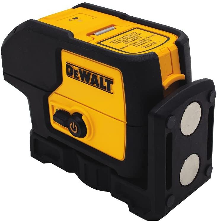 Compact yellow and black DeWalt green laser level with magnetic base and lever switch for precise alignment tasks