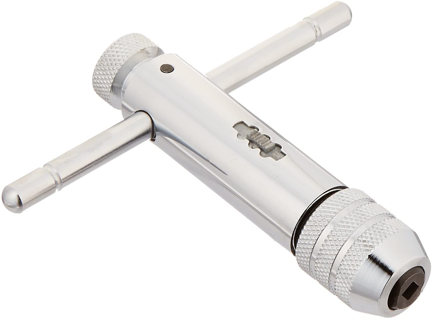 Three-position ratchet tap wrench with knurled handles and adjustable chuck for 1/4 to 1/2 inch square shank tools