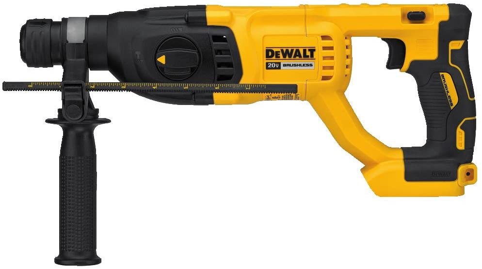 Cordless DeWalt rotary hammer drill with 20V brushless motor, side handle, and adjustable depth gauge for precise drilling