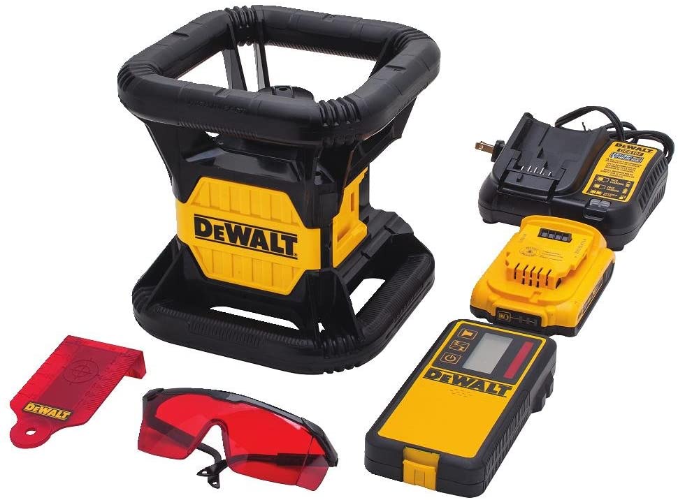 DeWALT 20V MAX rotary laser kit with durable frame, red target glasses, remote control, battery, and charger included