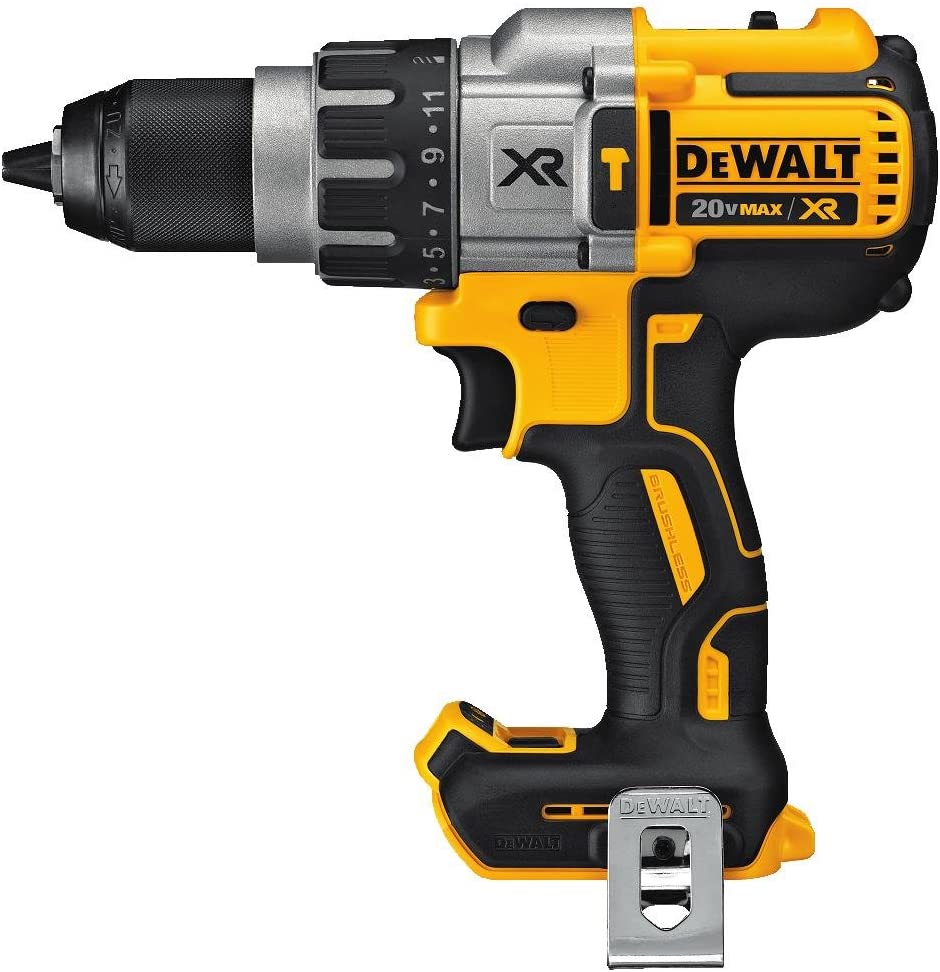 Cordless 20V MAX XR hammer drill with brushless motor, metal chuck, and ergonomic yellow and black design by DEWALT