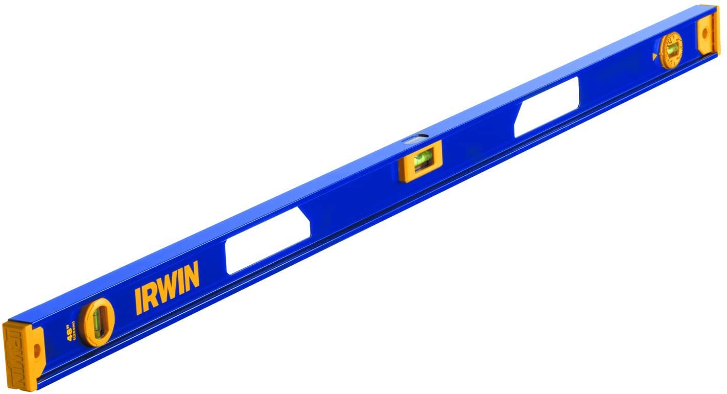 48-inch IRWIN magnetic level with rigid aluminum I-Beam frame, V-grooved edge, and rotary angle dial for precise leveling