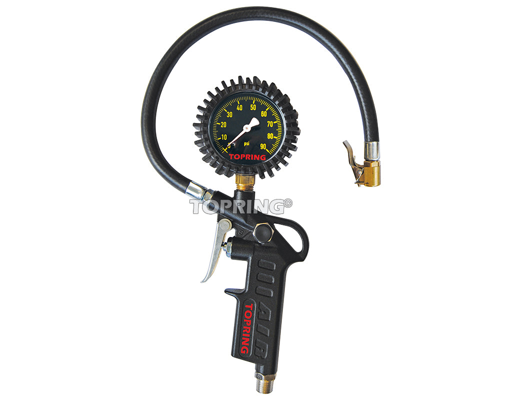 Air pressure gauge and inflator gun with flexible hose, pressure dial up to 90 PSI, and brass connector attachment