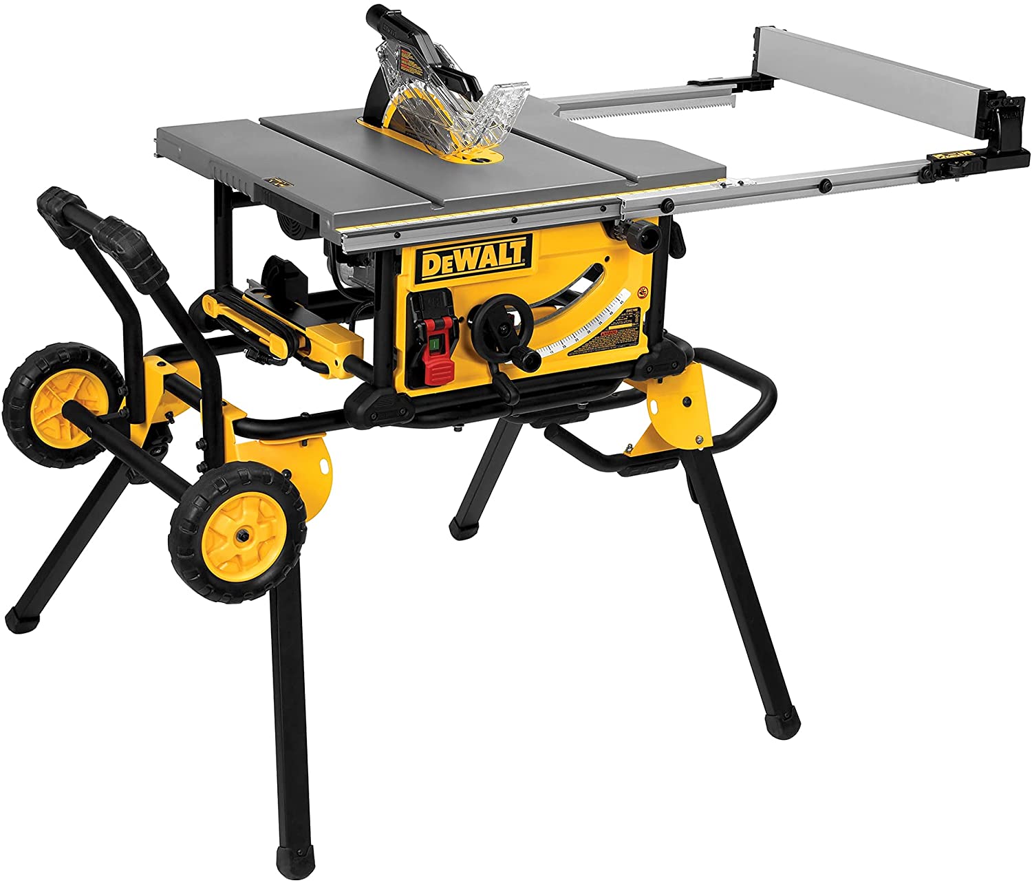DeWalt 10-inch table saw with integrated rolling stand, extendable support arm, and high-visibility blade guard system