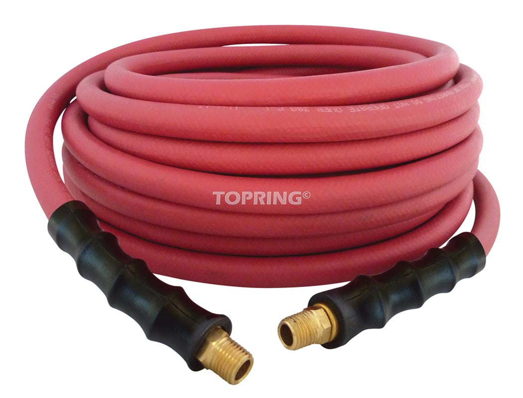 50ft red air hose 3/8 inch I.D. with 1/4 inch male NPT brass fittings, maximum 300 PSI pressure rating