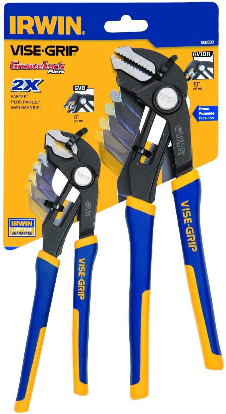 Set of two Irwin Vise-Grip GrooveLock pliers with quick adjust button, ProTouch handles, 8" and 10" sizes