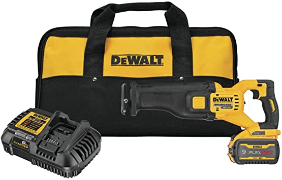 60V Max cordless reciprocating saw kit with 9Ah battery, charger, and black and yellow carrying case