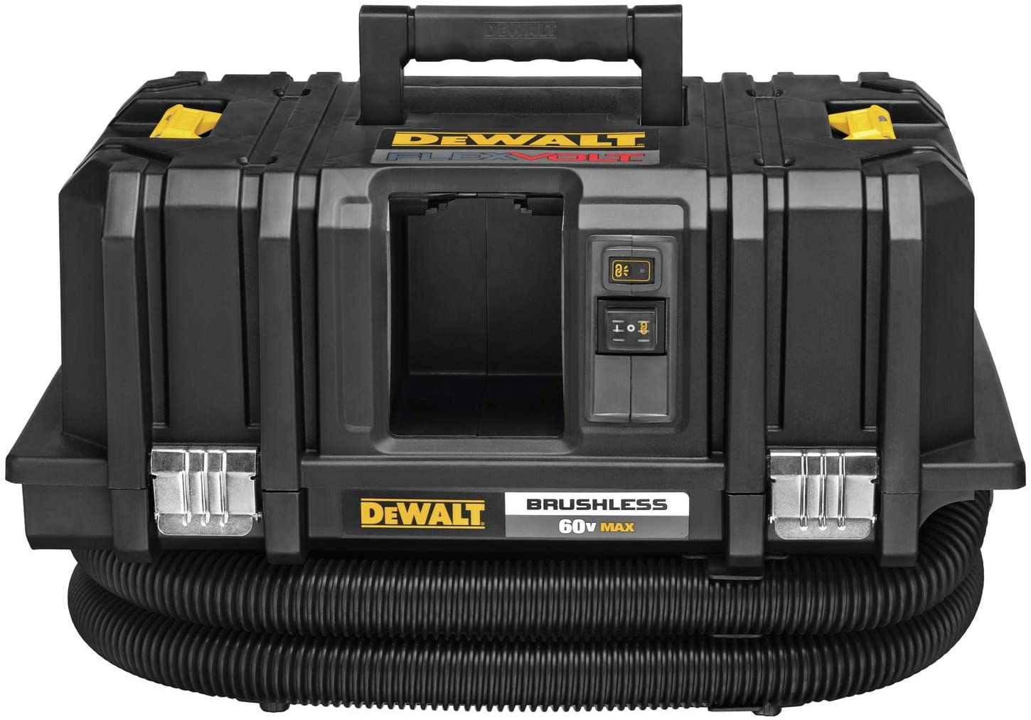 Compact DeWalt brushless dust extractor with 60V max power, built-in controls, durable black plastic housing, and flexible hose storage