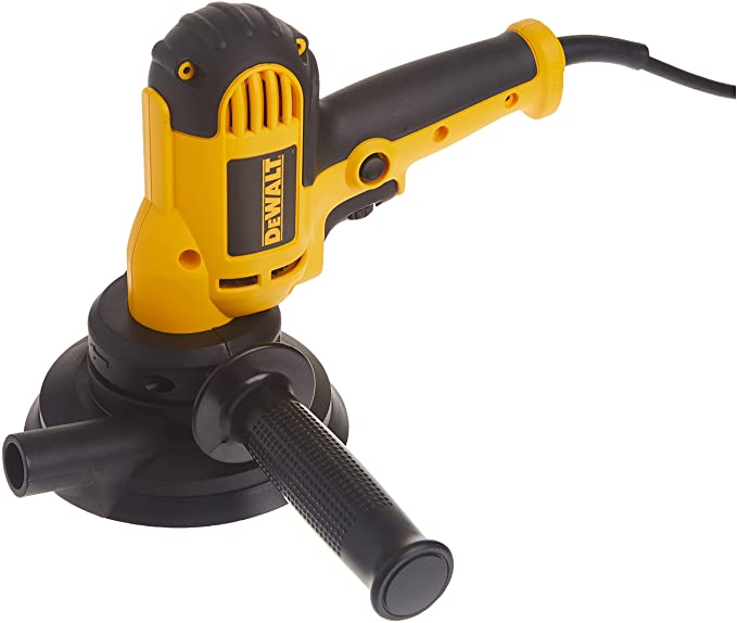 Yellow and black DeWalt corded polisher with 6 amp motor, variable speed trigger, and ergonomic side handle for sanding tasks