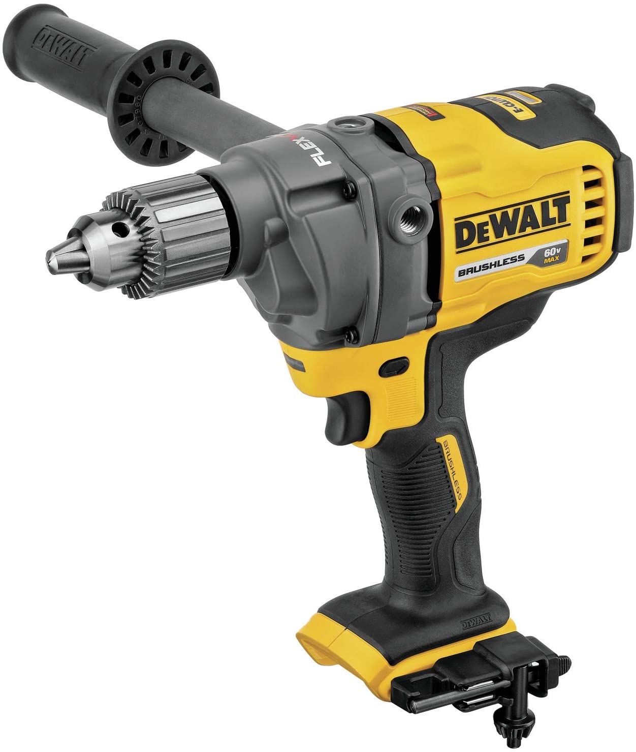 Cordless 60V DeWalt brushless mixer drill with variable speed trigger and ergonomic side handle, tool only.