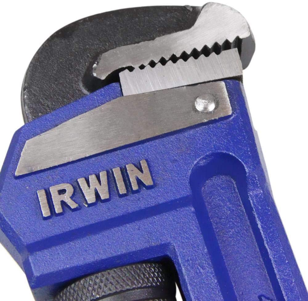 18-inch IRWIN pipe wrench with heat-treated forged cast iron body and hardened teeth for durable grip and adjustment