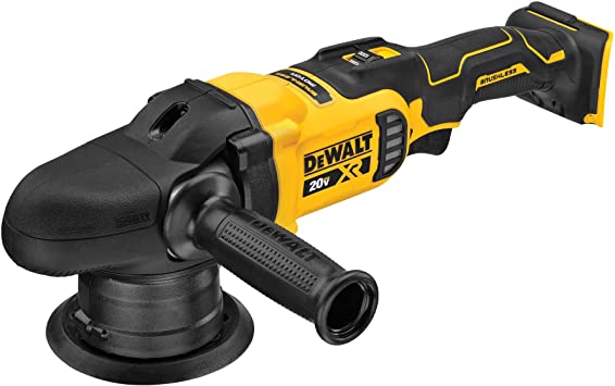 Cordless 20V 5-inch polisher with adjustable trigger, speed control dial, and rubber-molded gear housing for smooth polishing