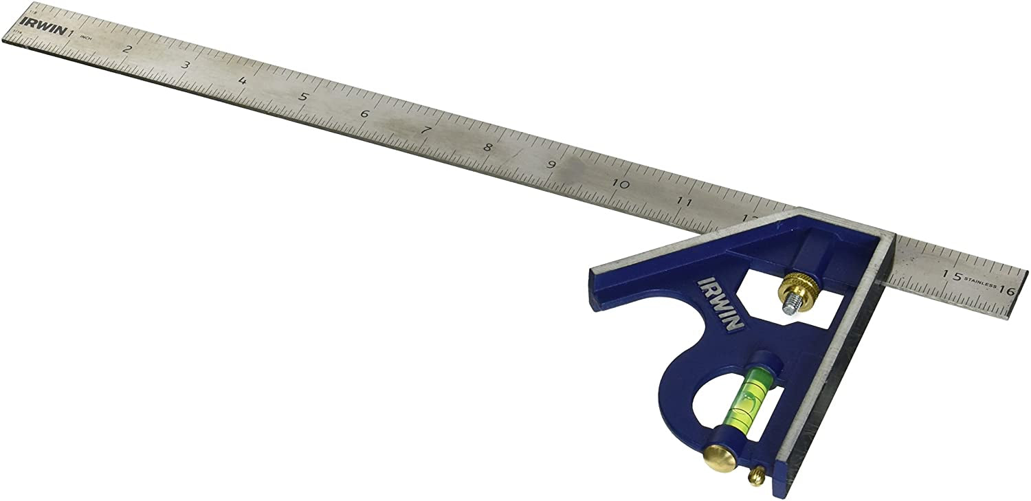 16-inch IRWIN combination square with precision engraved blade, zinc body, stainless steel ruler, and built-in level vial