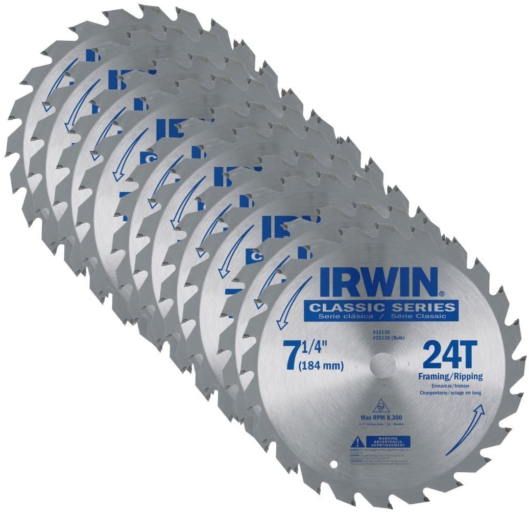 Set of 7-1/4 inch 24-tooth Irwin circular saw blades with 16mm arbor and 18-degree hook angle for framing and ripping