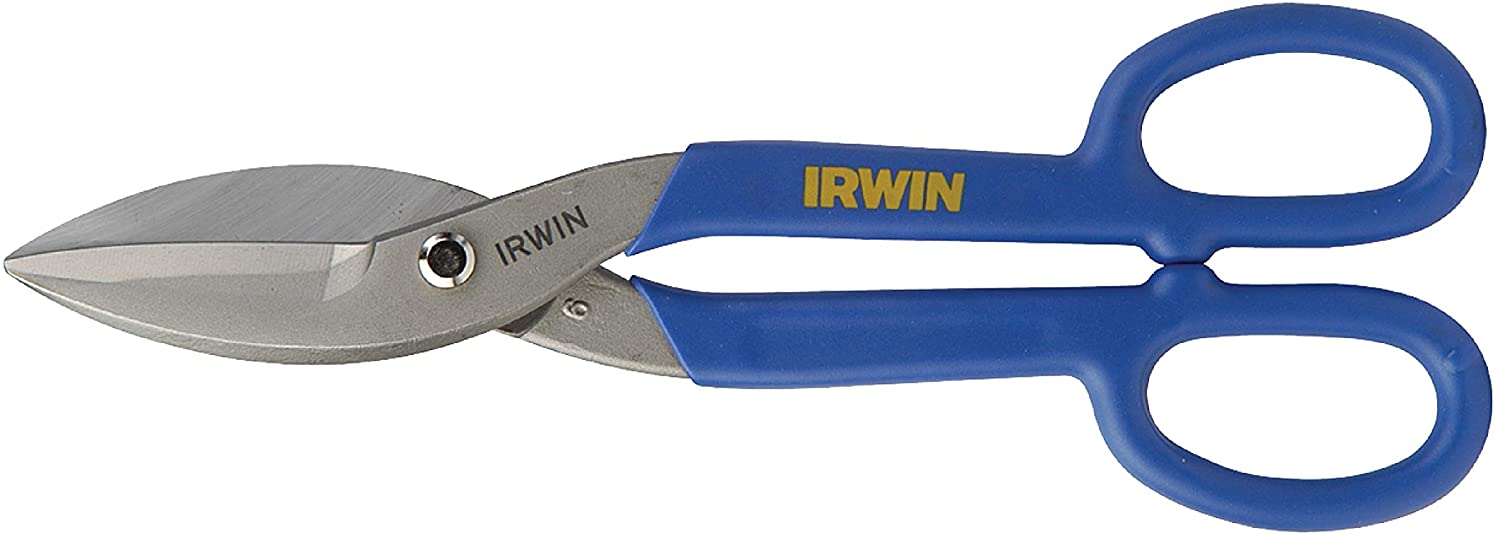 10" tin snips with forged steel sharpened blades and blue double-dip vinyl comfort handles for precise cutting