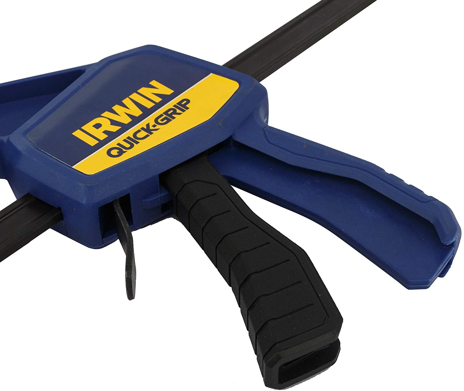 12" Irwin Quick-Grip clamp with ergonomic black handle and rapid-release button on a blue frame