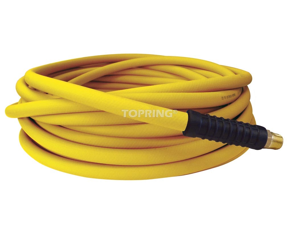 50ft yellow air hose 1/2 inch I.D. with 3/8 NPT male brass fitting, 300 PSI max pressure rating